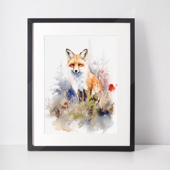 Watercolor Floral Red Fox Portrait Wall Art Illustration Print Poster Unframed - Picture 3 of 7